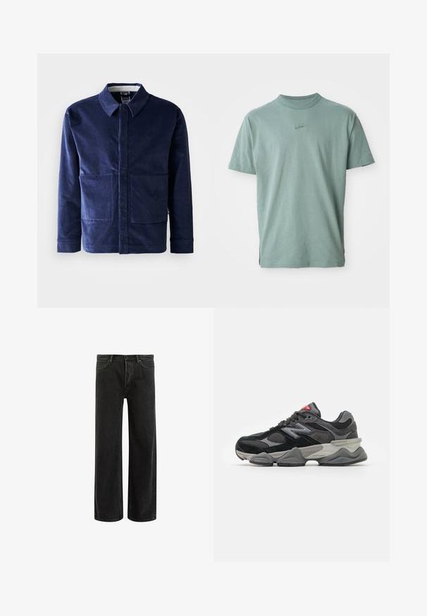 Marineblå kordfløyelsjakke med knappestolpe foran, spiss krage og to store frontlommer. Glatt tekstur og skreddersydd passform.; Grønn bomull t-skjorte med korte ermer, ribbet crew-hals, og brodert Nike-logo på brystet. Glatt tekstur og avslappet passform.; Svarte denim vide bukser med høyt liv, med klassisk fem-lomme design og subtil bleking for en teksturert utseende.; Svarte og grå joggesko med en blanding av semsket skinn og mesh-materialer, tykk såle, fremtredende logo, og rød detalj på tungen.