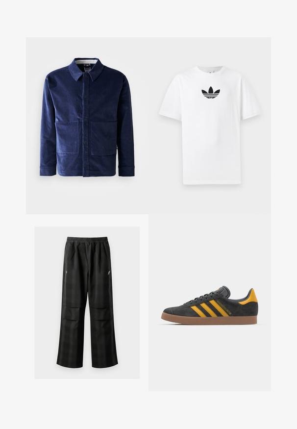 Temno modra kordurojska jakna z gumbasto zapiranje, ošiljenim ovratnikom in dvema velikima sprednjima žepoma. Gladka tekstura in krojena oblika.; Bela bombažna majica s črnim logojem Adidas na sredini. Kratki rokavi in oblikovanje z okrog lim. Gladka tekstura.; Črne karirane hlače z elastičnim pasom, dvema sprednjima žepoma in ohlapnim krojem s pravimi nogavicami. Narejene so iz lahke tkanine.; Črne semiš tene z rumenimi akcenti, ki vsebujejo tri trakove in rjavo gumo podplat. Vključujejo oblazinjeno jezik za udobje.