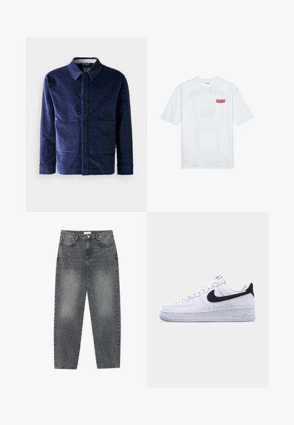 Granatowa kurtka z korduroju z zapięciem na guziki, z szpiczastym kołnierzem i dwoma dużymi przednimi kieszeniami. Gładka tekstura i dopasowany krój.; Biała bawełniana koszulka z krótkim rękawem, okrągłym dekoltem i czerwonym napisem graficznym "PYSZNY ODŚWIEŻAJĄCY OWOC" na przodzie.; Jeansy z wysokim stanem, luźne, w wyblakłym czarnym deninie. Posiadają pięć kieszeni, szlufki na pasek oraz prosty, klasyczny krój nogawek.; Białe skórzane sneakersy z teksturowanym czarnym Swooshem, płaskimi sznurowadłami i gumową podeszwą z żłobionym wzorem. Na pięcie wytłoczone jest słowo "AIR".