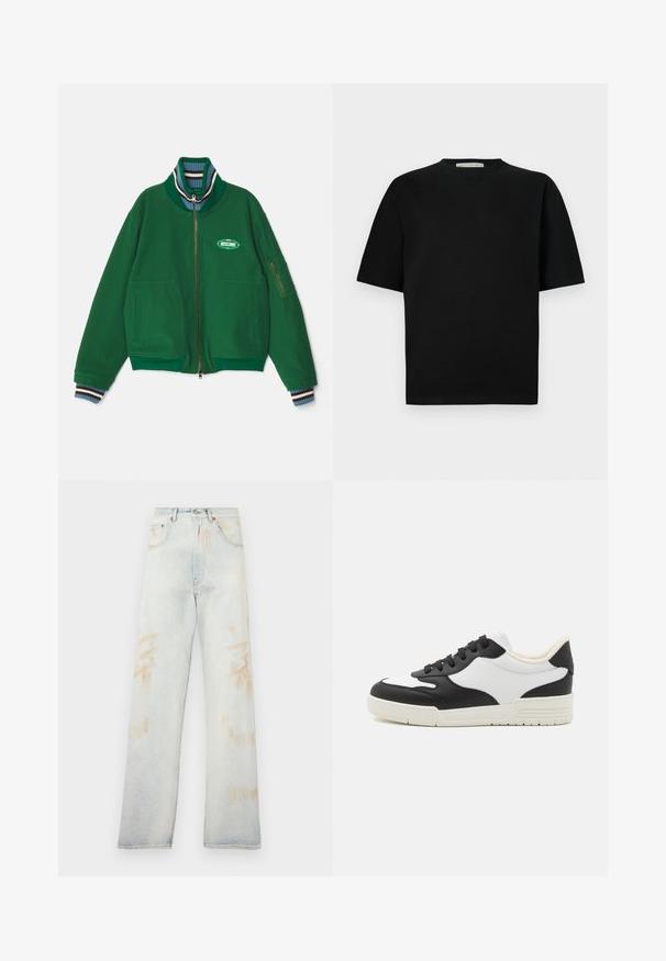 Zelená zapínacia bunda vyrobená z mäkkej tkaniny, s vysokým golierom a pruhovanými akcentmi, dvoma prednými vreckami a značkovou nášivkou.; Čierne tričko s krátkym rukávom a výstrihom do V, vyrobené z hladkej tkaniny. Jednoduchý strih, rovný lem a minimalistický dizajn.; Svetlo modré denimové džiny s vysokým pásom, širokými nohavicami a drobnými bledými škvrnami. Obsahujú tradičný dizajn s piatimi vreckami a kovové súčiastky.; Čierno-biele tenisky s hladkým koženým zvrškom, zaoblenou špičkou a plochou gumovou podrážkou. Obsahujú čierne šnúrky a mäkké vnútorné podšívky.