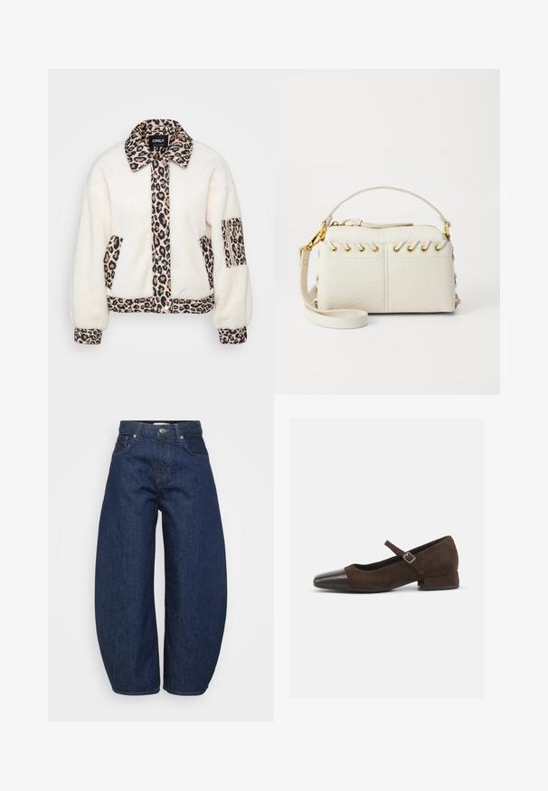 Veste en polaire blanche avec des accents imprimés léopard sur le col, le rabat avant, les poches et les poignets. Elle dispose d'une fermeture par bouton et d'une coupe décontractée.; Pull court bleu marine en maille douce. Il a un col rond et des manches longues avec des poignets côtelés. Design simple et épuré.; Jean en denim bleu foncé avec une coupe large et décontractée. Comprend une braguette zippée, quatre poches et des coutures contrastantes le long des coutures.; Chaussure Mary Jane en daim marron avec un embout en cuir verni noir, bride ajustable et un petit talon carré. Texture lisse avec de minimalistes accents.; Sac à main en simili cuir blanc avec une fermeture éclair sur le dessus, une courte poignée et une bandoulière amovible avec des détails en métal doré. Détail de laçage sur le côté.; Boucle d'oreille en argent avec une finition polie, présentant de petits détails en or et de forme ronde, portée sur le lobe.