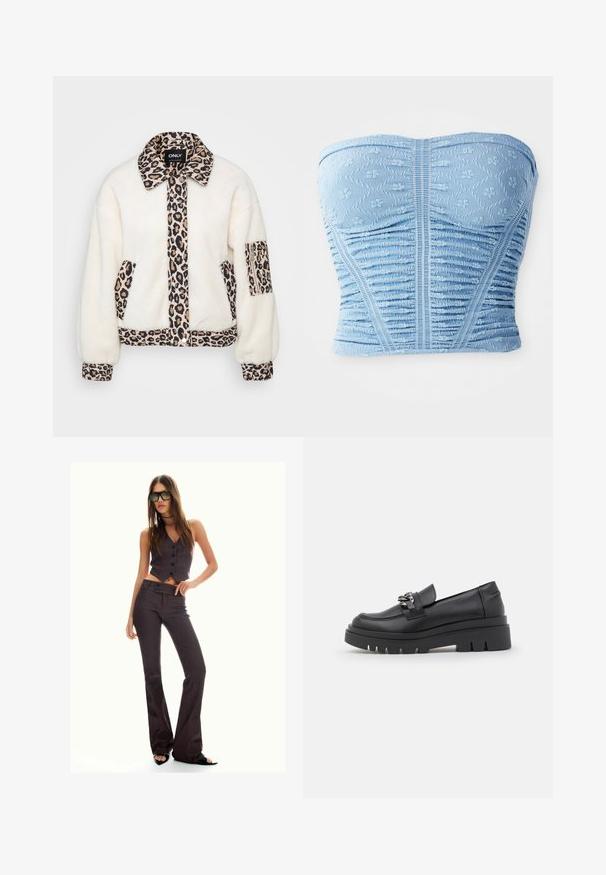 Biela fleecová bunda s akcentmi leopardieho vzoru na golieri, prednej légi, vreckách a manžetách. Obsahuje zapínanie na gombíky a voľný strih.; Svetlomodrý top bez ramienok, s textúrovanými kvetinovými vzormi, zhrnutou tkaninou a priliehavým strihom s vertikálnymi švovými detailmi.; Hnedý pruhovaný skrátený zest a rozšírené nohavice, obsahujúce gombíky a textúrovanú látku. Čierne otvorené topánky a nadmerné slnečné okuliare.; Čierne loafrové topánky s robustnou platformou, hladkým koženým vrchom, dekoratívnym reťazovým doplnkom a mierne zdvihnutou pätou s výrezom.