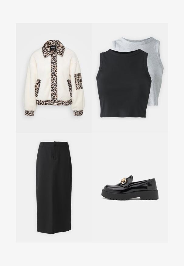 Giacca in pile bianca con accenti in stampa leopardata su colletto, pattina frontale, tasche e polsini. Presenta chiusura con bottoni e vestibilità rilassata.; Even&Odd Petite 2 PACK - Top - light grey/black; Gonna a tubino nera, lunghezza al ginocchio, realizzata in tessuto liscio. Caratterizzata da uno spacco sul retro e tasche laterali, con un design semplice e un colore neutro.; Mocassini in pelle verniciata nera con suola spessa nera e dettagli in hardware dorato. Texture liscia e design con punta arrotondata.