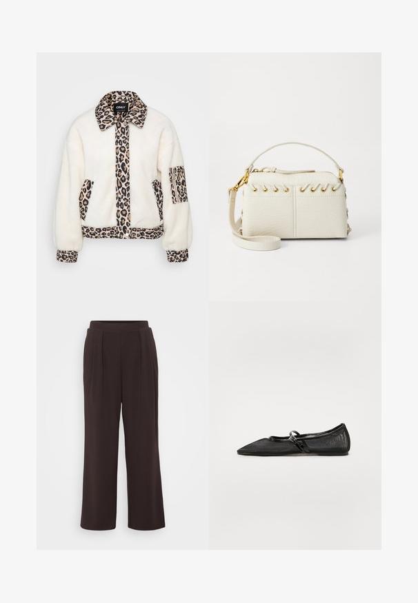 Fehér gyapjú dzseki leopárdmintás díszítéssel a galléron, az elülső záróelemen, a zsebeknél és a mandzsettákon. Gombos záródással és laza fazonnal rendelkezik.; Even&Odd Petite 2 PACK - Felső - light grey/black; Sötétbarna, bő szabású nadrág pliszékkal, sima anyagból készítve. Egyszínű és rugalmas derékrésszel a kényelem érdekében.; Fekete lapos cipő hegyes orral, hálós felsőrésszel és lakkbőr részletekkel. Finom pánttal rendelkezik, kerek fém díszítéssel.; Fehér műbőr kézi táska, felső cipzárral, rövid fogantyúval és levehető keresztpántos vállpánttal, arany színű fémrészletekkel. Oldalsó fűzés részlet.; Ez egy ezüst fülbevaló, sima felülettel, amelyen apró arany díszítőelemek találhatók. Kerek formájú és a fülcimpán viselik.