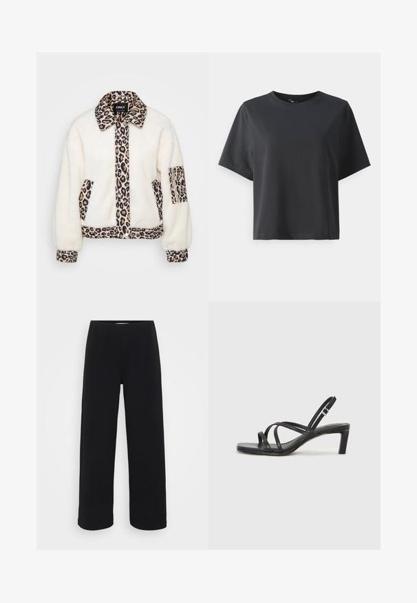 Biela fleecová bunda s akcentmi leopardieho vzoru na golieri, prednej légi, vreckách a manžetách. Obsahuje zapínanie na gombíky a voľný strih.; Čierne bavlnené tričko, krátke rukávy, okrúhly výstrih, voľný strih, hladká textúra, jednoduchý dizajn, bez vzorov alebo akcentov.; Čierne široké nohavice s elastickým pásom. Vyrobené z textúrovanej látky, s voľným strihom a rovným strihom od pásu po lem.; Čierne sandále na vysokom podpätku so štvorcovou špičkou a nízkym blokovým podpätkom. Obsahujú viacero tenkých popruhov a nastaviteľný členkový popruh. Vyrobené z hladkej kože.