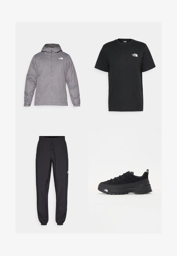 Giacca grigia isolata con cappuccio, zip frontale, polsini elasticizzati e logo sulla parte superiore del petto. Tessuto liscio e resistente all'acqua.; T-shirt nera in cotone con maniche corte, colletto a giro, e un piccolo logo bianco sul lato sinistro del petto. Design semplice, texture liscia e vestibilità rilassata.; Pantaloni sportivi neri realizzati in tessuto leggero, con vita regolabile con cordino, tasche laterali e orli affusolati alle caviglie.; Sneaker da esterno nera con parte superiore in suede, suola in gomma testurizzata e robusto sistema di allacciatura. Presenta un tallone rinforzato e il logo del marchio sul lato.