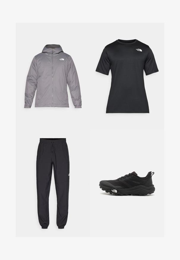 Casaco cinza isolado com capuz, fecho frontal, punhos elásticos e logótipos no peito superior. Tecido liso e resistente à água.; Camiseta preta de manga curta feita de um tecido leve e que absorve a umidade. Apresenta um logo branco no lado esquerdo do peito e um decote redondo.; Calças atléticas pretas feitas de tecido leve, com um cós ajustável por cordão, bolsos laterais e punhos afunilados nos tornozelos.; Sapatilha de trail running preta com um upper texturizado, sola de borracha e biqueira reforçada. Possui um colarinho acolchoado e uma alça para facilitar o calçar.