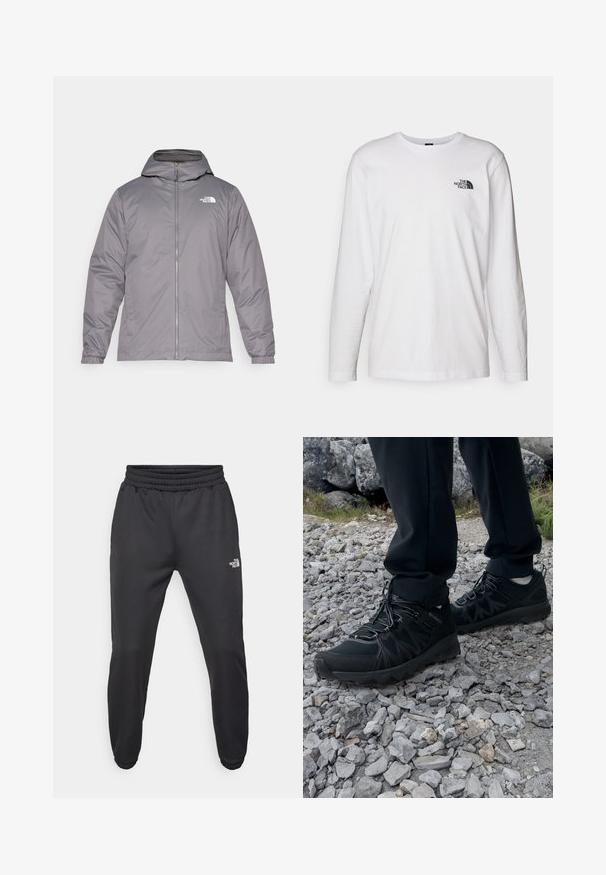 Gray insulated jacket with a hood, front zipper, elastic cuffs, and logo on the upper chest. Smooth, water-resistant fabric.; White long-sleeve T-shirt made of cotton with a crew neck. Features a small black logo on the chest. Smooth texture, regular fit.; Black sweatpants with a drawstring waist, tapered fit, elastic cuffs, and a small white logo on the left thigh, made from smooth fabric.; Black outdoor shoes with mesh and synthetic material, featuring a textured upper, secured lacing system, and a rugged outsole, on rocky terrain.