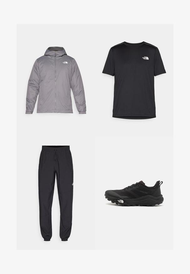 Grå isolert jakke med hette, frontlås, elastiske mansjetter og logo på over brystet. Glatt, vannavstøtende stoff.; Svart kortermet T-skjorte laget av lett materiale. Har en liten hvit logo på venstre bryst og subtile skulderdetaljer.; Sorte idrettsbukser laget av lett stoff, med snor i livet, sidelommer og smale mansjetter ved anklene.; Svart terrengløpesko med teksturert overdel, gummisåle og forsterket tåhette. Har polstret krage og løftestropp for enkel påkledning.