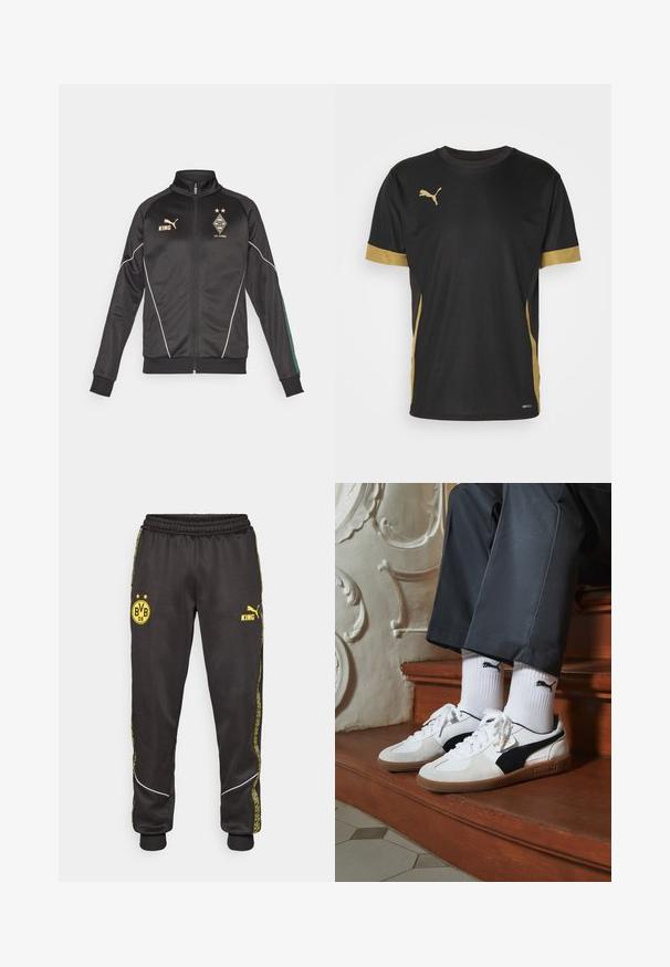 Svart zip-up jacka med vita detaljer, långa ärmar och hög krage. Har logotyper i guld, inklusive "KING" och klubbemblem.; Svart tränings T-shirt med guld accenter på ärmar och sida. Har rund hals, korta ärmar och fukttransporternande DRYCELL tyg.; Svarta träningsbyxor med gula Borussia Dortmund BVB 09 och Puma King-logotyper, elastisk midja och mönstrade gula sidosträck.; Puma-sneakers i vit och svart mocka, med en brun gummisula. Kombinerade med vita strumpor som visar upp en svart logotyp, bärs tillsammans med mörka byxor.