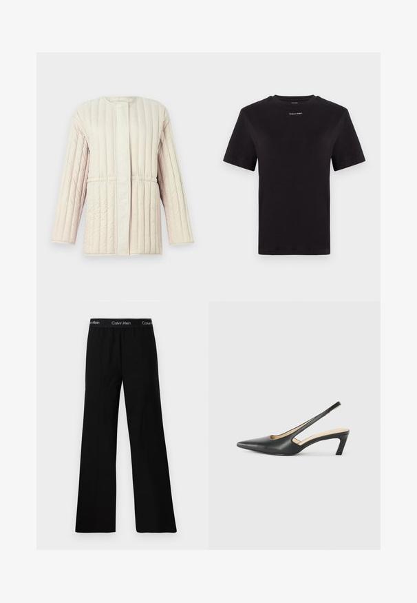 Veste rembourrée de couleur beige clair avec un motif matelassé vertical, coupe décontractée, col rond et fermeture à pression à l'avant. Tissu doux et texturé.; T-shirt noir en coton à manches courtes, col rond, avec un petit logo blanc "Calvin Klein" sur la poitrine. Texture lisse, coupe classique.; Pantalon noir à large jambe avec une texture lisse, doté d'une taille élastique portant l'inscription "Calvin Klein" en texte blanc. Design minimaliste.; Slingback noir à bout pointu avec un petit talon, en cuir lisse et doté d'un design découpé sur le côté pour plus de respirabilité.