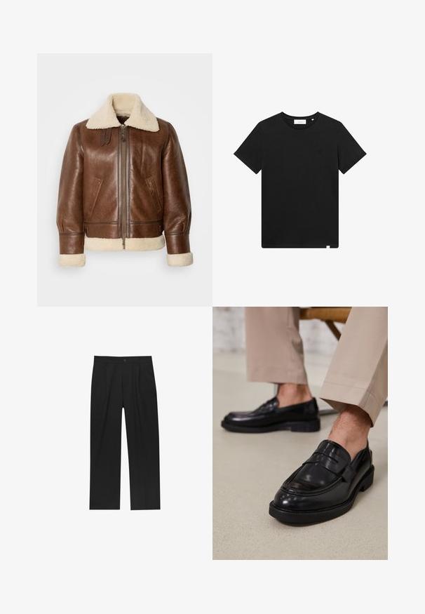 Hnědá kožená letecká bunda s krémovým ovčími límcem a manžetami. Má přední zip, boční kapsy a strukturovaná ramena.; Černé tričko s krátkým rukávem vyrobené z bavlny, s kulatým výstřihem a malým vyšitým logem na hrudi. Hladká textura, standardní střih.; Černé kalhoty s rovnými nohavicemi, vyrobené z hladké tkaniny. Mají přední záhyby a jedno knoflíkové zapínání v pase.; Černé kožené loafers s hladkým povrchem, zdobené páskem a kontrastním prošíváním, spárované s béžovými kalhotami.