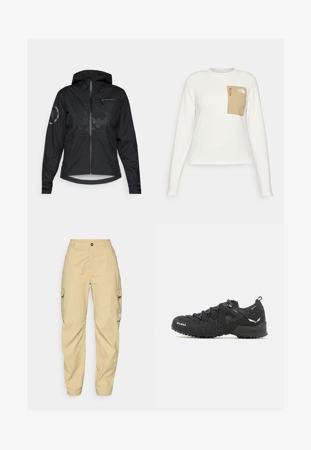 Black waterproof jacket with a hood, zip front, and reflective accents. Features a matte finish and subtle camo pattern. Adjustable cuffs.; White long-sleeve shirt made of textured fabric with a beige patch pocket featuring a drawstring and logo.; The North Face EXPLORATION CARGO PANTS - Outdoor trousers - khaki stone; Black hiking shoes with a textured fabric upper, lacing system, and rugged rubber sole. Accented with reflective details and logos.