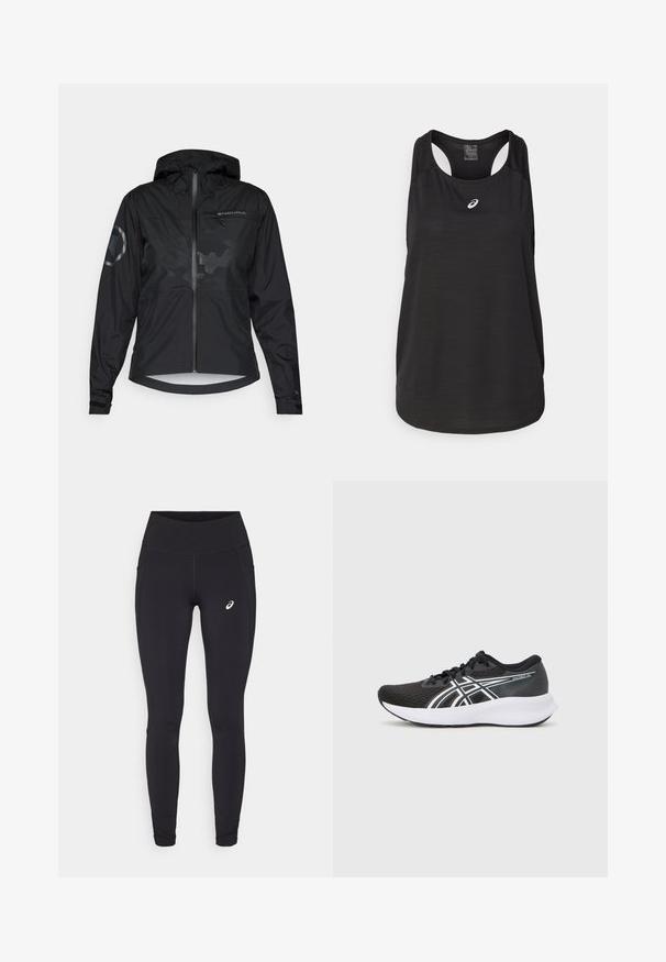 Sort vandtæt jakke med hætte, lynlås foran og reflekterende detaljer. Har en mat finish og subtilt camouflagemønster. Justerbare manchetter.; Sort atletisk tanktop lavet af letvægtsstof. Har en rund halsudskæring, racerback-design og et lille hvidt logo foran.; ASICS NAGINO RUN ADJUSTABLE  - Løbetights - performance black; Sorte atletiske sko med en tekstureret mesh-overdel, hvide accenter og en polstret hvid sål. Har et logo på siden og snørebånd.