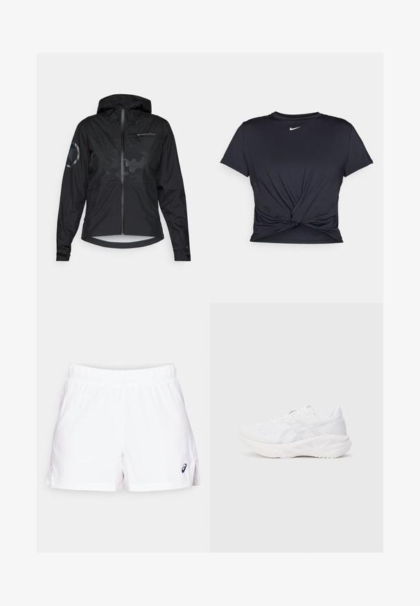 Čierna nepremokavá bunda s kapucňou, predným zipsom a reflexnými detailami. Má matný povrch a jemný kamuflážny vzor. Nastaviteľné manžety.; Čierne atletické tričko vyrobené z hladkej tkaniny, so zaväzovaným predným dizajnom a malým bielym logom Nike na hrudi.; Biele športové šortky s elastickým pásom, bočnými rozparkami a malým čiernym logom na dolnej pravej strane. Vyrobené z ľahkého materiálu.; Biele športové topánky s priedušným textilným zvrškom a odpruženou podrážkou, s textúrovaným vzorom a minimalistickými dizajnovými akcentmi.