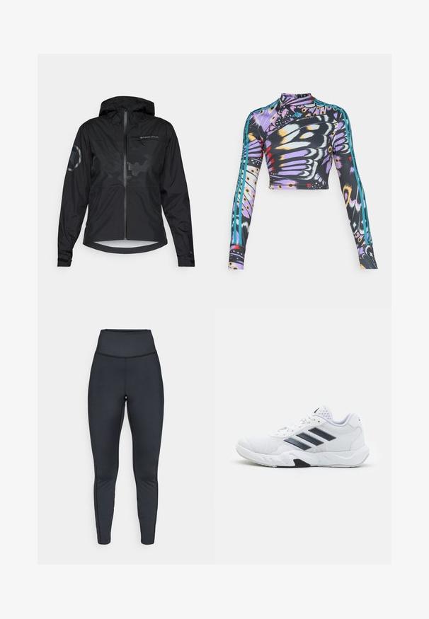 Chaqueta negra impermeable con capucha, cierre de cremallera en la parte delantera y acentos reflectantes. Presenta un acabado mate y un sutil patrón de camuflaje. Mangas ajustables.; Sudadera deportiva de manga larga y corta con un patrón colorido de alas de mariposa y detalles en tres franjas color azul verdoso en las mangas.; Leggings deportivos de talle alto en color negro, con costuras planas, diseñados para un ajuste ceñido y flexibilidad.; Zapatilla deportiva blanca con parte superior de malla, tres franjas negras a los lados, acentos texturizados y una suela de goma resistente con una sección negra en contraste.