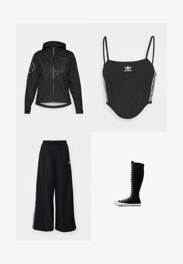 Black waterproof jacket with a hood, zip front, and reflective accents. Features a matte finish and subtle camo pattern. Adjustable cuffs.; Black ribbed crop top with adjustable thin straps, featuring three white stripes on the sides and a small white Adidas logo at the center.; Black wide-leg pants made from lightweight fabric. Features an elastic waistband with drawstring and white side stripes. Brand logo on hip.; Black high-top sneakers with a tall design, made of canvas. Feature white laces, stitching, and a rubber sole with a toe cap.