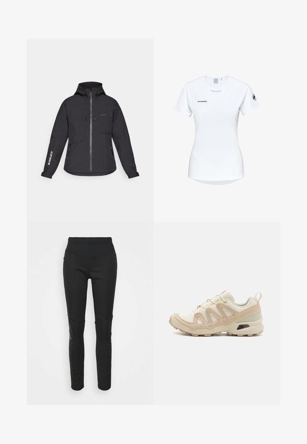 Sort vandtæt jakke med hætte, frontlynlås, to brystlommer og sidelommer med lynlås. Har et logo trykt på ærmet.; Kortærmet hvid sportsshirt med rund hals, prydet med et logo på brystet og en glat, let stofstruktur.; Sorte atletiske leggings med høj talje, glat tekstur, logo-detalje og sidelæns paneler for ekstra visuel interesse.; Beige og creme atletiksko med struktureret mesh-overdel, støttende overlays og gummiyderside med et mønster for trækkraft.