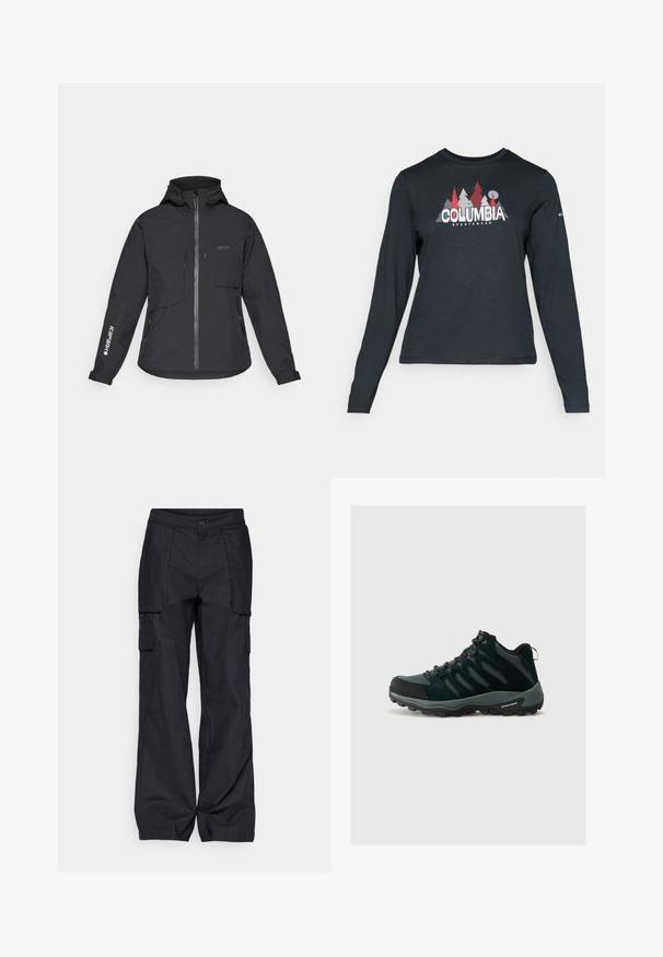 Black waterproof jacket with a hood, front zipper, two chest pockets, and side zip pockets. Features a logo printed on the sleeve.; Long-sleeve dark gray shirt with a graphic of red trees and mountains; "COLUMBIA" logo in bold white text. Soft fabric, standard crew neck.; Columbia BREA FALLS™ COTTON RIPSTOP PANT - Outdoor trousers - black; Columbia REDMOND - Hiking shoes - black/citron haze