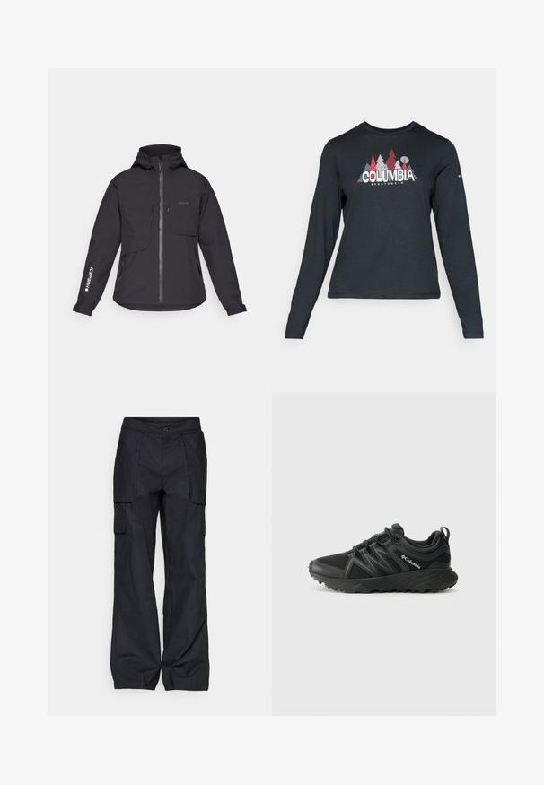 Czarna wodoodporna kurtka z kapturem, z zamkiem z przodu, dwiema kieszeniami na piersiach oraz bocznymi kieszeniami na zamek. Posiada logo nadrukowane na rękawie.; Długie rękawy, ciemnoszara koszula z grafiką czerwonych drzew i gór; logo "COLUMBIA" w wyraźnym białym tekście. Miękka tkanina, standardowy okrągły dekolt.; Columbia - Długie spodnie trekkingowe; Columbia PEAKFREAK czarny