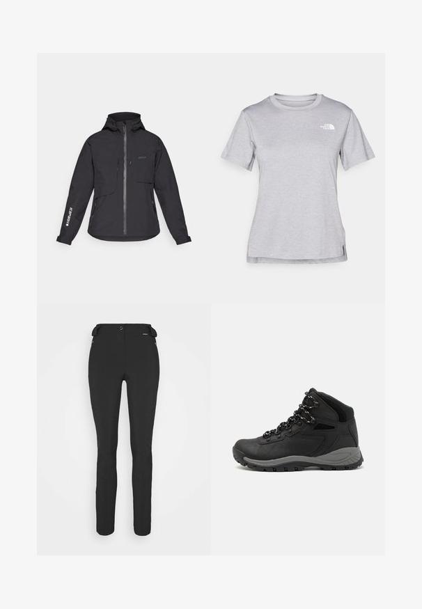 Svart vattentät jacka med huva, frontdragkedja, två bröstfickor och sidofickor med dragkedja. Har en logotyp tryckt på ärmen.; Grå kortärmad t-shirt i mjukt, fuktavledande tyg. Har en rund halsringning och en liten vit logotyp på övre vänstra sidan.; Svarta, åtsittande byxor tillverkade av ett flexibelt material. Funktioner inkluderar en ficka med dragkedja på sidan, artikulerade knän och en jämn yta.; Svart vandringskänga med mellanhög design, som har en texturerad överdel, grå accenter och en slitstark gummisula med greppklackar.