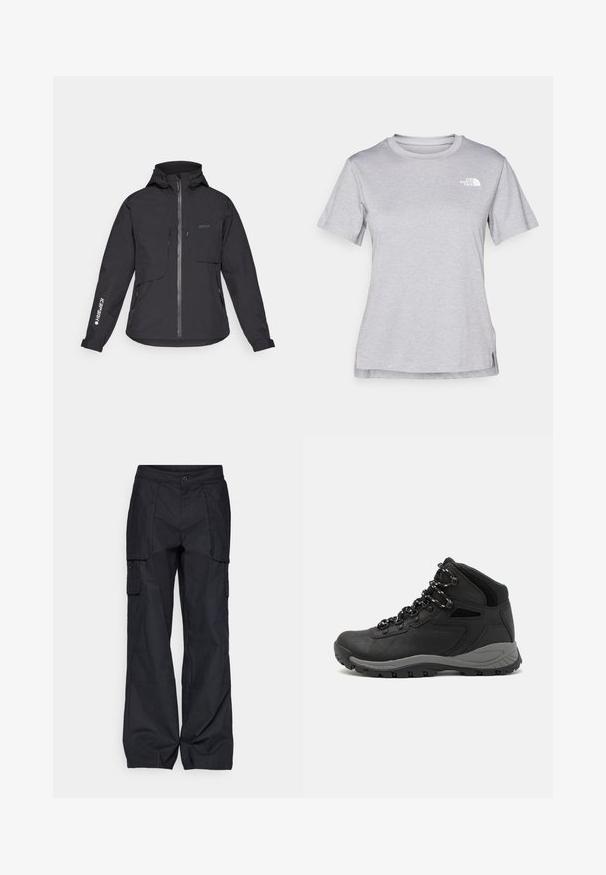Must värvitu ja veekindel jakk kapuutsiga, esiluku, kahe rinnatasku ja küljetaskutega. Omab varrukal trükist logoga.; Hall juppuvarrega, pehmeast, niiskust eemaletõukavast kangast lühikeste varrukatega hall T-särk. Omab ümarat kaelust ning väikest valget logo vasakul ülal.; Columbia BREA FALLS™ COTTON RIPSTOP PANT - Õuepüksid - black; Mustarjaline matkasaabas, millel on keskmine disain, tekstuuriga ülemine osa, hallid aktsendid ja vastupidav kummist põhi, millel on haardelugesid.