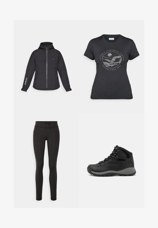 Veste noire imperméable avec capuche, fermeture éclair à l'avant, deux poches poitrine et poches latérales zippées. Présente un logo imprimé sur la manche.; T-shirt noir Columbia avec un dessin linéaire blanc de montagne et de rivière en cercle et le texte "Columbia Sportswear Company À l'extérieur depuis 1938."; Leggings noirs avec une taille haute, cordon de serrage, texture lisse et design ajusté. Caractéristiques de détails de couture le long des côtés.; Botte de randonnée noire au design mi-haut, avec un dessus texturé, des accents gris et une semelle en caoutchouc durable avec des crampons de traction.