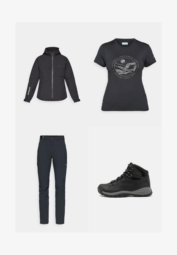 Zwarte waterdichte jas met een capuchon, voorrits, twee borstzakken en zijzakken met rits. Met een logo gedrukt op de mouw.; Zwarte Columbia t-shirt met witte cirkelvormige lijntekening van bergen en een rivier en de tekst "Columbia Sportswear Company Outside Since 1938."; Heren buitenbroeken, donkergrijs, gemaakt van flexibel materiaal, met een riem, ritszakken en verstevigde stiksels.; Zwarte wandelschoen met een mid-top ontwerp, voorzien van een gestructureerde bovenkant, grijze accenten en een duurzame rubberen zool met gripnoppen.