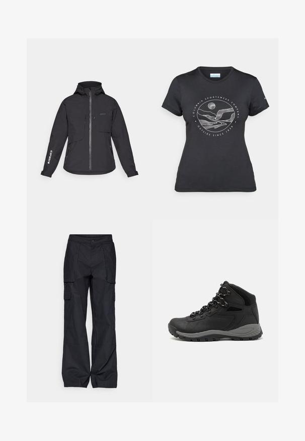Schwarze wasserdichte Jacke mit Kapuze, Frontreißverschluss, zwei Brusttaschen und seitlichen Reißverschlusstaschen. Mit einem Logo, das auf dem Ärmel aufgedruckt ist.; Schwarzes Columbia-T-Shirt mit weißer kreisförmiger Berg- und Fluss-Linienkunst und dem Text "Columbia Sportswear Company - Draußen seit 1938."; Columbia BREA FALLS™ COTTON RIPSTOP PANT - Outdoor-Hose - black; Schwarzer Wanderstiefel mit einem mittelhohen Design, ausgestattet mit einer strukturierten Oberfläche, grauen Akzenten und einer robusten Gummisohle mit Profilstollen.