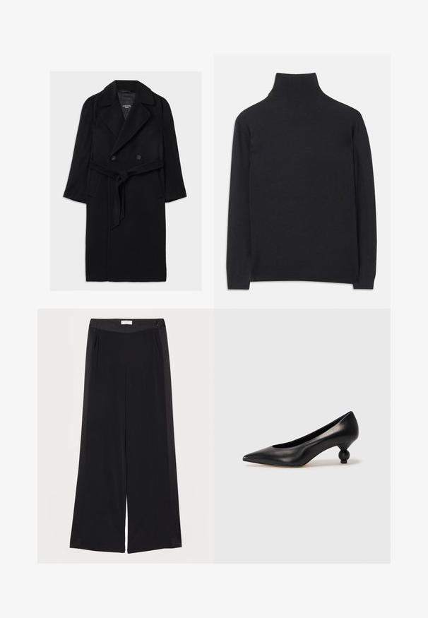 Melna vilnas maisījuma mēteli ar dubultā krūškurvja dizainu, plašiem apkakles galiem, jostu viduklī, sānu kabatām un gludu tekstūru.; Melns augstais kakls džemperis no mīksta auduma. Tam ir garas piedurknes, augsts kakls un ribotas aproces un apakšmala, lai radītu pieguļošu izskatu.; Plati melni bikses, izgatavotas no gluda auduma, ar plakanu jostu, krokām un sānu kabatām. Tīras līnijas ar minimālu detalizāciju.; Melnas ādas augstpapēžu kurpes ar smailu purngalu un apaļu papēdi. Gluda tekstūra ar elegantu, minimālistisku dizainu.