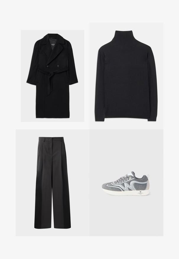 Cappotto in misto lana nera con design doppiopetto, ampi rever, vita con cintura, tasche laterali e una texture liscia.; Maglione a collo alto nero realizzato in tessuto morbido. Caratterizzato da maniche lunghe, un collo alto e polsini e orlo a coste per un look aderente.; Pantaloni neri a gamba larga con vita alta, caratterizzati da pieghe frontali, una texture liscia e una finitura sartoriale. Progettati per un fit rilassato.; Sneaker bassa grigia e bianca con lacci, design "W" sui lati e suola bianca con marchio "Weekend Max Mara" sul tallone.