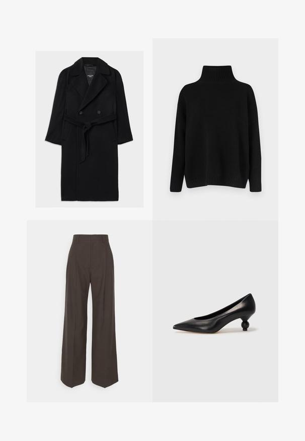 Sort uldblandingsfrakke med dobbeltbrystet design, brede klapkraver, bælte i taljen, sidelommer og en glat tekstur.; Sort strikket sweater med høj ribstrikket krave, sænkede skuldre og en afslappet pasform. Har ribstrikkede manchetter og kant for struktur.; Mørkebrune brede bukser med høj talje, der har pænt pressede folder, glat overflade og en skræddersyet pasform.; Sort læder høje hæle med spids tå og rund, kugleformet hæl. Glat tekstur med et stilrent, minimalistisk design.