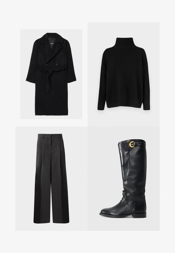 Sort uldblandingsfrakke med dobbeltbrystet design, brede klapkraver, bælte i taljen, sidelommer og en glat tekstur.; Sort strikket sweater med høj ribstrikket krave, sænkede skuldre og en afslappet pasform. Har ribstrikkede manchetter og kant for struktur.; Sort brede bukser med høj talje, med folder foran, en glat tekstur og en skræddermæssig finish. Designet til en afslappet pasform.; Sort læder knæhøj støvle med rund tå, snørebånd foran, sidelænde detaljer og en guld spændeaccents øverst. Glat tekstur.