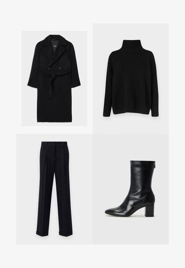 Black wool blend coat with a double-breasted design, wide lapels, belted waist, side pockets, and a smooth texture.; Black knitted sweater with a high ribbed collar, dropped shoulders, and a relaxed fit. Features ribbed cuffs and hem for texture.; Black pinstriped trousers with a tailored fit, featuring a cuffed hem and front pleats. Made of smooth fabric with a structured design.; Black leather ankle boot with a pointed toe and 4 cm block heel. Sleek design features a side zipper for easy wear. Smooth texture.