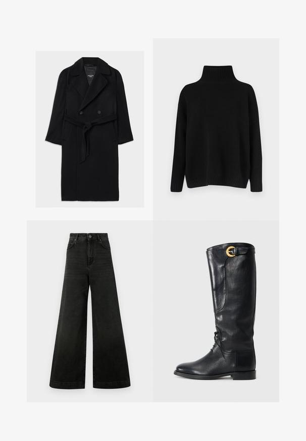 Sort uldblandingsfrakke med dobbeltbrystet design, brede klapkraver, bælte i taljen, sidelommer og en glat tekstur.; Sort strikket sweater med høj ribstrikket krave, sænkede skuldre og en afslappet pasform. Har ribstrikkede manchetter og kant for struktur.; Højttaljede, vide jeans i mørk sort denim. Funktionerne inkluderer en knaplukning, forlommer og en glat tekstur med minimal falmning.; Sort læder knæhøj støvle med rund tå, snørebånd foran, sidelænde detaljer og en guld spændeaccents øverst. Glat tekstur.
