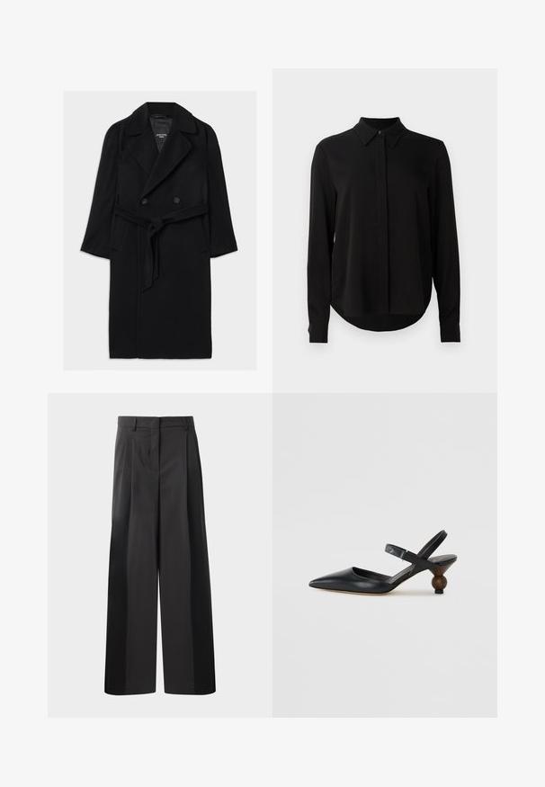 Palton din amestec de lână neagră, cu un design dublu-butonat, revere largi, talie cu curea, buzunare laterale și o textură netedă.; Bluză lungă neagră cu mâneci lungi, guler ascuțit, placket cu nasturi ascunși și tiv curbat pe un fundal alb simplu.; Pantaloni negri cu talie înaltă, cu picioare largi, având pliseuri frontale, o textură netedă și un finisaj croit. Concepuți pentru o croială relaxată.; Sandal din piele neagră cu vârf ascuțit, design curbat și toc rotund asemănător cu lemnul. Dispune de o curea îngustă la gleznă.
