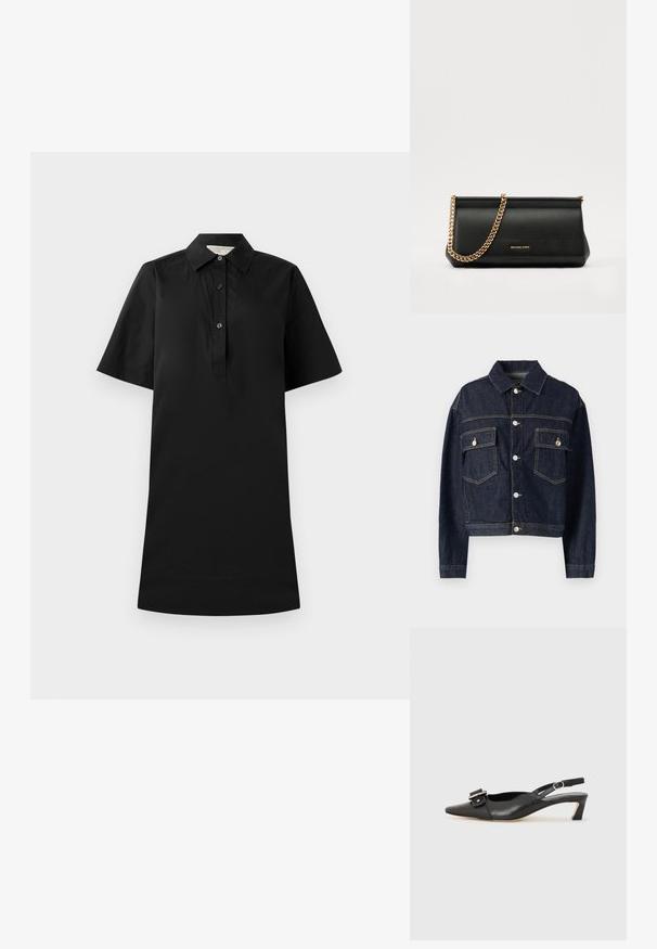Dark blue denim jacket with a collared neck, button front, two chest pockets, and visible stitching details. Fitted design, long sleeves.; Black short-sleeve dress with a collared neck, button placket, and a straight silhouette. Made of lightweight fabric with a smooth texture.; Black leather slingback shoe with pointed toe, small heel, and decorative buckle detail on the upper. Smooth texture, minimalistic design.; Black leather clutch bag with a gold chain strap, featuring a smooth texture, rectangular shape, and embossed branding on the front.