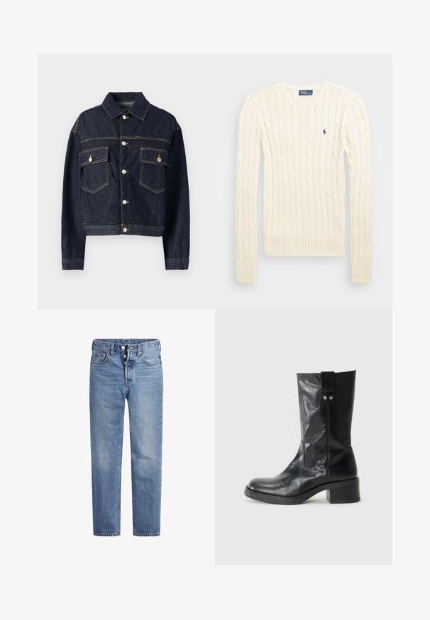 Tumši zila džinsu jaka ar apkakles kaklu, pogu priekšpusi, divām krūšu kabatām un redzamām izšūšanas detaļām. Pieguļošs dizains, garas piedurknes.; Krems krāsas adīts džempers ar garām piedurknēm, ribotām aprocēm un apakšmalu, ar nelielu izšūtu logotipu kreisajā krūtī.; Gaiši zila džinsu bikses ar taisnu griezumu, piecu kabatu dizainu un poga aizdari. Iespējamas nelielas izbalēšanas un apelsīnu diegu akcenti.; Melnas ādas potītes zābaki ar noapaļotu purngalu, pieticīgu kaudzes papēdi un dekoratīvu sānu cilpu. Materiāls ir gluds ar spīdīgu apdari.