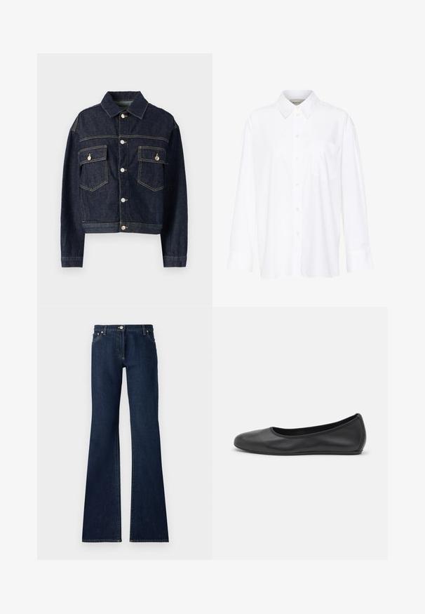 Tumši zila džinsu jaka ar apkakles kaklu, pogu priekšpusi, divām krūšu kabatām un redzamām izšūšanas detaļām. Pieguļošs dizains, garas piedurknes.; Baltais garo piedurkņu krekls ar apkakli, izgatavots no kokvilnas. Aprīkots ar pogu aizdari priekšā un vienu krūšu kabatu. Gluda tekstūra, brīvs piegriezums.; Tumši zili platā kāju džinsi, kas izgatavoti no denima, ar piecām kabatām, jostas cilpiņām un kontrastējošu dzeltenu šuvju izšuvumu.; Melna ādas baleta kurpe ar noapaļotu purngalu, gludu tekstūru, minimālu šuvju detalizāciju un elastīgu zoles dizainu.