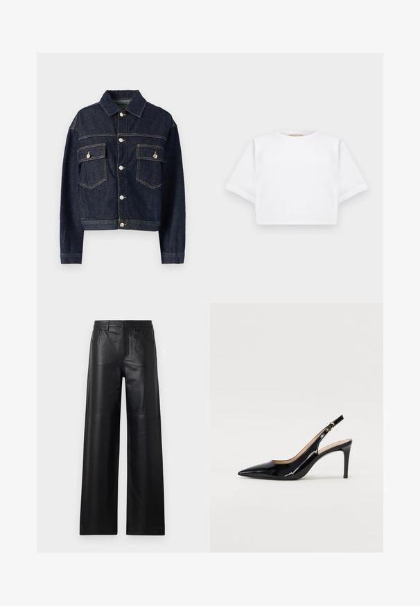 Dark blue denim jacket with a collared neck, button front, two chest pockets, and visible stitching details. Fitted design, long sleeves.; Cropped white t-shirt made of soft fabric, featuring short sleeves, a round neckline, and ribbed hem details. Simple and unembellished design.; Wide-leg black leather pants with a smooth texture, featuring front pockets, a button closure, and subtle stitching details.; Black patent leather slingback pump with pointed toe, slim heel, and a subtle cutout design. Features a gold buckle on the strap.