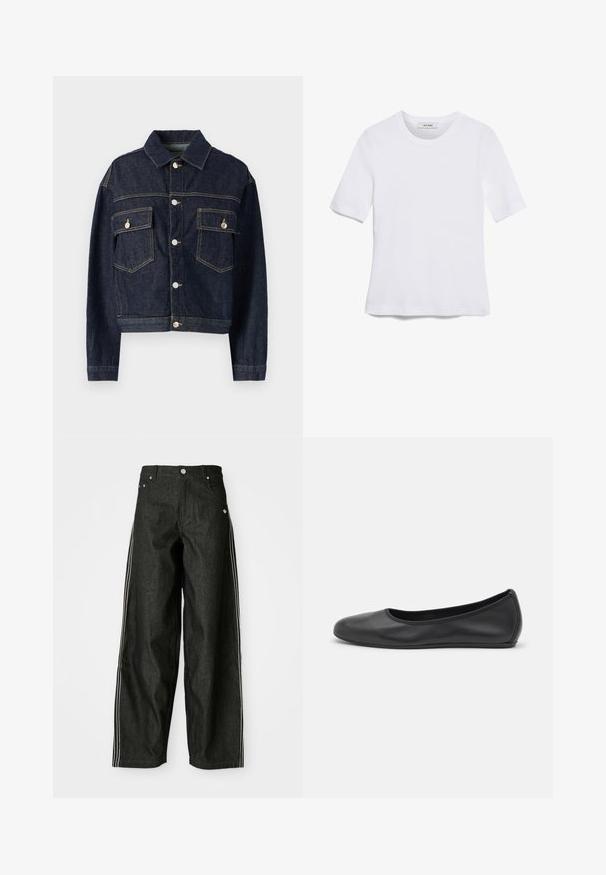 Tmavomodrá denimová bunda s golierom, gombíkovým zapínaním, dvoma náprsníkovými vreckami a viditeľnými detailami šitia. Úzky strih, dlhé rukávy.; Biela krátka tričko s krátkymi rukávmi vyrobené z rebrovanej látky. Klasický okrúhly výstrih, bežný strih a jemné švy. Bez vzorov alebo grafiky.; Čierne riflové nohavice s širokými nohavicami a bielymi pruhmi po stranách, s prednými vreckami, zapínaním na gombíky a jemným logom blízko pásu.; Čierne kožené baleríny s okrúhlou špičkou, hladkým povrchom, minimálnym prešívaním a flexibilným dizajnom podrážky.