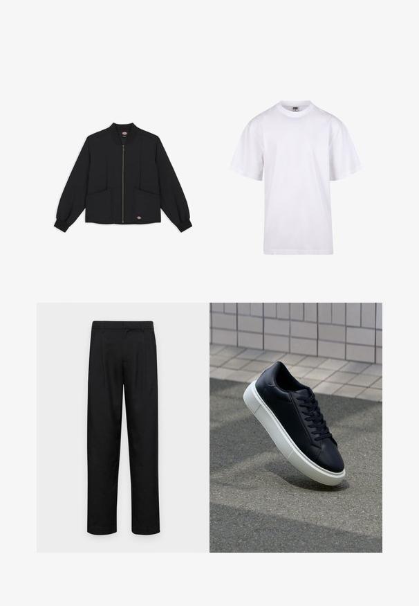 Svart puffjacka med dragkedja fram, ribbad krage och mudd, två framfickor och quiltad struktur. Har logotypen på nedersta vänstra delen.; Vit bomullströja med rund halsringning, korta ärmar och en avslappnad passform. Har en enkel design utan mönster eller accenter.; Svarta byxor i slät väv, med rak ben-design, två framfickor och standardmidja med bälteshällor.; Svart lädersneaker med rundad tå och vit gummisula. Har platta snören och minimal sömnad på ovansidan. Texturerad sula för grepp.
