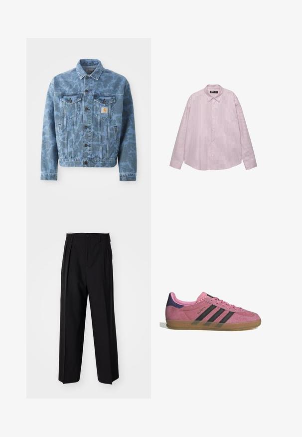 Farkkutakki, jossa on sininen kamouflagemalli, kaksi rintataskua, metalliset napit ja Carhartt-logo-patch vasemmassa taskussa.; Vaaleanpunainen nappipaita, jossa on pystysuunnassa sinisiä raitoja, kauluspäällinen, pitkät hihat ja löysä istuvuus. Valmistettu sileästä kankaasta, jossa on hieno kiilto.; Mustat laskostetut housut, joissa on suora, leveä lahje. Valmistettu sileästä kankaasta, jossa on nappisuljenta ja vyölenkit.; Vaaleanpunaiset mokkanahkakengät mustilla raidoilla, kumipohjalla ja teksturoidulla purppurakorkealla. Varustettu nauhakiinnityksellä ja kohokuvioidulla brändäyksellä sivussa.