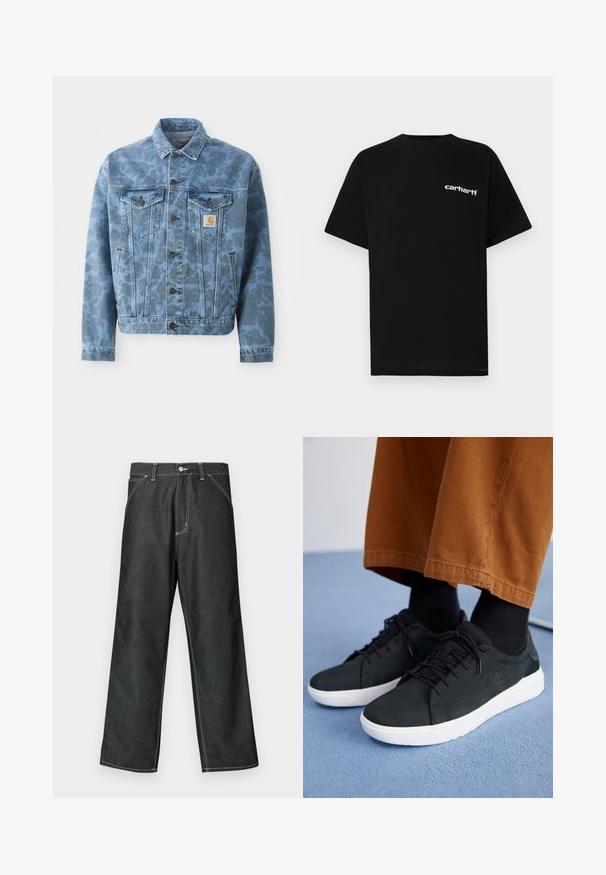 Denimjacke mit einem blauen Camouflagemuster, zwei Brusttaschen, Metallknöpfen und einem Carhartt-Logo-Patch auf der linken Tasche.; Schwarzes Baumwoll-T-Shirt mit kurzen Ärmeln, Rundhalsausschnitt und weißem "Carhartt"-Logo auf der linken Brust. Glatte Textur, minimalistisches Design.; Dunkelblaue Jeans im weiten Schnitt mit weißer Naht, Standard-Design mit fünf Taschen, Metallknopfverschluss und geraden Säumen.; Schwarze Wildleder-Sneaker mit weißen Gummisohlen, mit Schnürdesign, strukturierten Akzenten und dezentem Branding, kombiniert mit braunen Hosen.