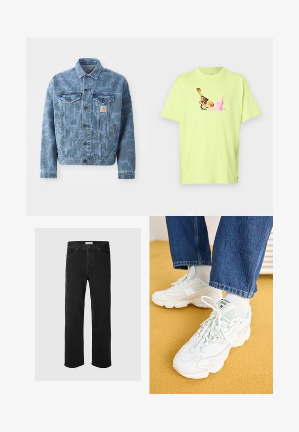 Denimjacke mit einem blauen Camouflagemuster, zwei Brusttaschen, Metallknöpfen und einem Carhartt-Logo-Patch auf der linken Tasche.; Limegrünes Baumwoll-T-Shirt mit einem grafischen Druck eines Vogels und einer pinken Eistüte, mit einem einfachen Rundhalsausschnitt und kurzen Ärmeln.; Schwarze Denim-Jeans im Straight-Leg-Schnitt verfügen über ein klassisches Fünf-Taschen-Design mit Knopfverschluss, minimaler Naht und einer weichen Textur.; Weiße New Balance 1000 Sneaker aus Mesh und Leder, runder Zehenbereich, strukturierte Gestaltung und Schnürsenkel. Kombiniert mit blauen Jeans.