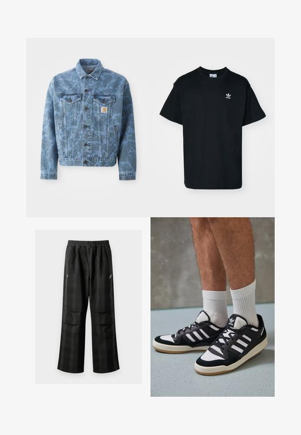 Kurtka dżinsowa z niebieskim wzorem w kamuflaż, dwoma kieszeniami na piersi, metalowymi guzikami oraz naszywką z logo Carhartt na lewej kieszeni.; Czarna bawełniana koszulka z okrągłym dekoltem i krótkimi rękawami, z małym białym logo Adidas na lewej stronie klatki piersiowej.; Czarne spodnie w kratę z elastycznym pasem, dwoma przednimi kieszeniami i luźnym krojem ze prostymi nogawkami. Wykonane z lekkiego materiału.; Czarno-białe sneakersy z zamszową i skórzaną cholewką, z trzema białymi paskami, perforowanym czubkiem i gumową podeszwą w kolorze gumy.