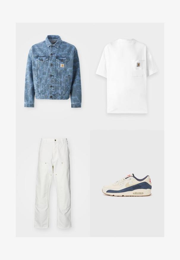 Chaqueta de denim con un patrón de camuflaje azul, dos bolsillos en el pecho, botones de metal y un parche con el logo de Carhartt en el bolsillo izquierdo.; Camiseta blanca de algodón con cuello redondo, mangas cortas y un bolsillo en el pecho que presenta un parche con logo. Diseño minimalista y textura sin costuras.; Pantalones cargo de algodón blancos con un corte relajado. Las características incluyen bolsillos frontales, detalles en dorado y secciones de rodilla reforzadas.; Zapatillas con parte superior de cuero crema y gamuza azul marino, que presentan una suela de aire visible, suela de goma beige y un acento rojo en el talón.