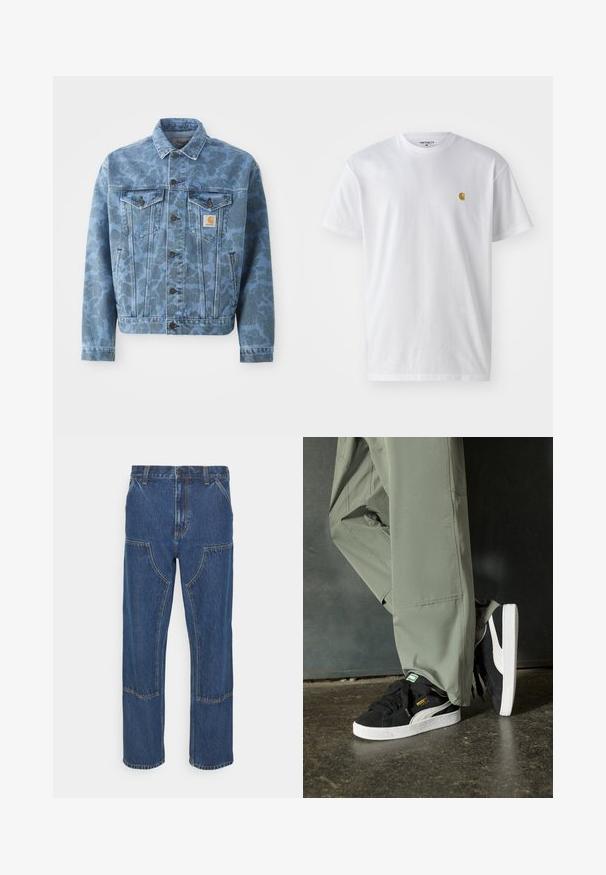 Giacca di jeans con un motivo camouflage blu, due tasche sul petto, bottoni metallici e un'etichetta con il logo Carhartt sulla tasca sinistra.; T-shirt bianco in cotone con maniche corte, con colletto girocollo, caratterizzato da un piccolo logo dorato sulla parte sinistra del petto. Tessuto morbido e vestibilità regolare.; Jeans in denim blu con gamba dritta, tasche a toppa anteriori e cuciture a contrasto. Il tessuto ha una texture e una finitura classiche.; Sneaker in suede nero con suole in gomma bianca e strisce laterali, abbinate a pantaloni cargo verde chiaro, in piedi su una superficie scura e texture.
