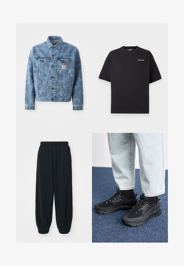 Denimjacke mit einem blauen Camouflagemuster, zwei Brusttaschen, Metallknöpfen und einem Carhartt-Logo-Patch auf der linken Tasche.; Schwarzes Timberland T-Shirt mit kurzen Ärmeln und Rundhalsausschnitt, mit kleinem beigefarbenem Logo auf der oberen linken Brust, vor einem weißen Hintergrund präsentiert.; Schwarze Sweatpants mit elastischem Bund, lockerer Passform, gerippten Beinabschlüssen, glatter Textur und ohne sichtbare Muster oder Hardware-Akzente.; Schwarze Sportschuhe aus strukturiertem Stoff mit Gummisohlen, ausgestattet mit elastischen Schnürsenkeln und einem blauen Akzent an der Ferse. Getragen mit hellen Jeans.