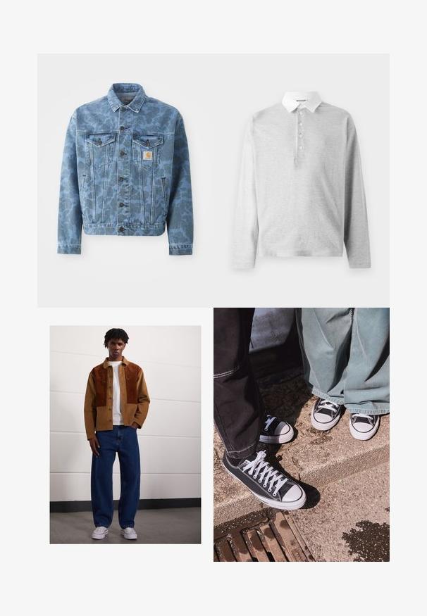 Chaqueta de denim con un patrón de camuflaje azul, dos bolsillos en el pecho, botones de metal y un parche con el logo de Carhartt en el bolsillo izquierdo.; Polo de manga larga gris claro, hecho de una tela suave, con un cuello blanco y una botonadura de cuatro botones. Textura suave, diseño casual.; Hombre de pie en interiores, vistiendo una chaqueta de pana marrón con parches de óxido, camiseta blanca, jeans azules holgados y zapatillas blancas.; Zapatillas bajas de lona negras con punteras y cordones de goma blanca, combinadas con pantalones de mezclilla verde anchos, sobre una superficie de piedra texturizada.
